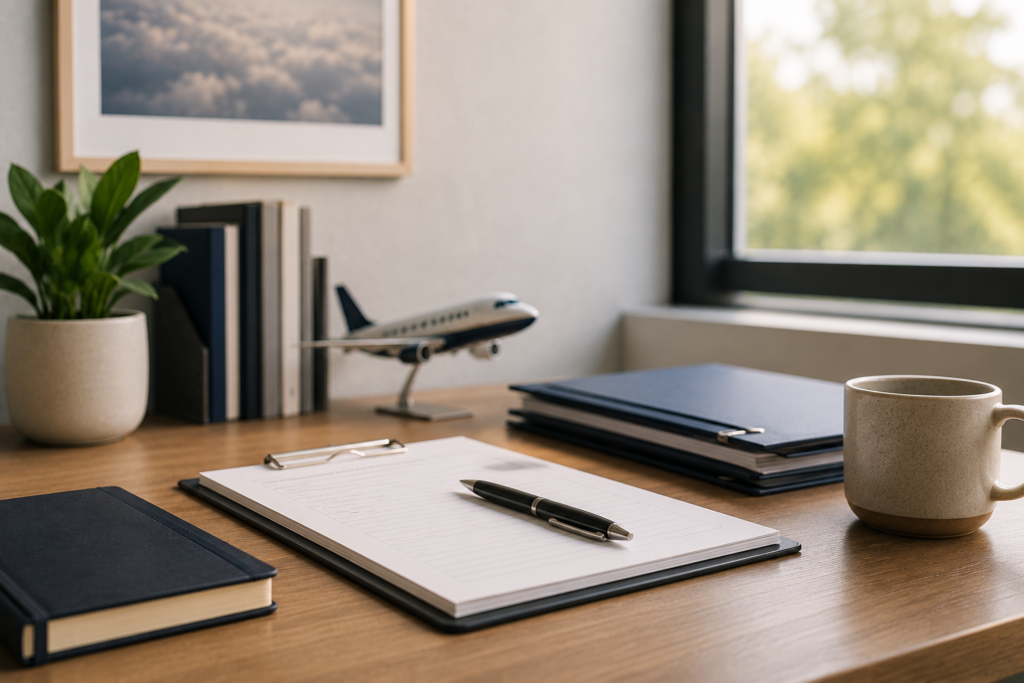 Professional office desk with aviation model, documents, and notebook for FAA psychiatric evaluation services.