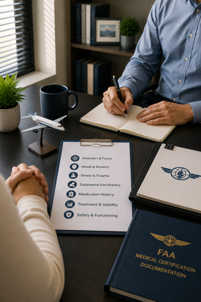 FAA psychiatric evaluation consultation with aviation documents, checklist, and model airplane in a professional office.