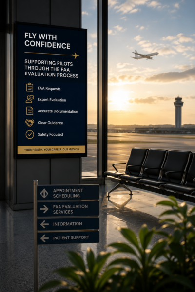 Airport terminal with runway view and signage representing FAA psychiatric evaluation services for pilots.